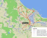 Mapa tras tramwajowych w Gdańsku i okolicach. Widoczna planowana **szemud trasa** tramwajowa łącząca Osowę z Matarnią.