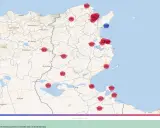 Mapa temperatur w Tunezji w maju: od 24°C w Douane do 34°C w Tozeur.