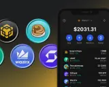 Portfel cyfrowy z kryptowalutami, w tym tokenami BEP-20, jak USDT i CAKE. Widoczny ekran telefonu z saldem $2031.31.