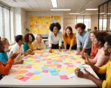 En grupp glada människor samlade runt ett bord täckt av färgglada post-it-lappar. En inspirerande scen för saker att hitta på med sin partner, som att brainstorma idéer tillsammans.