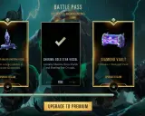 Ekran gry z menu BATTLE PASS. Widoczne nagrody: Bilgewater Major Gemstone Vessel, Shurima Gold Star Vessel (darmowy) i Diamond Vault.