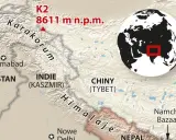 K2, gdzie jest? Na mapie widać K2 (8611 m n.p.m.) w Karakorum, na granicy Pakistanu i Chin (Tybetu), niedaleko Indii (Kaszmir).