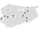Mapa z zaznaczonymi miastami: Iława, Łukta, Ostróda, Olsztyn, Ryn, Giżycko, Mrągowo, Ruciane-Nida. Gdzie na Mazury?
