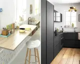 Plan petite cuisine : un coin repas clair avec table rabattable et un coin moderne tout en noir.