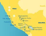 Mapa Peru z zaznaczonymi trasami podróży: Lima, Nazca, Arequipa, Cusco, Machu Picchu, Jezioro Titicaca.