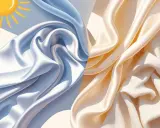 Light blue and cream silk fabrics draped, with a sun graphic. Is silk good for hot weather? Yes, it's breathable and cool.