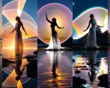 Silhouette di donna in abito bianco su sfondo di luce colorata e riflessi sull'acqua. Un'opera di light painting.