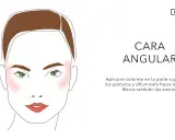 Ilustración de rostro angular con rubor rosado aplicado en pómulos y sienes. El blush realza la estructura facial.