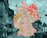 Karte Deutschlands mit farbigen Regionen, überlagert von einer historischen Gasse. Das urbane Leben wird durch die Vernetzung von Städten und Regionen dargestellt.