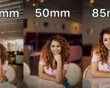 Confronto tra obiettivi 35mm, 50mm e 85mm per progetti fotografici. La modella sorride in diverse inquadrature.
