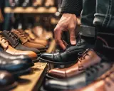 En hand justerar en svart lädersko. Flera par herrskor i olika färger och modeller visas upp i en butik. Viktigt att veta hur mycket utrymme i skor vuxen behöver.