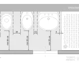 Pianta di un bagno di 4 mq con water, bidet, lavabo e piatto doccia. Misure minime per la disposizione degli elementi.