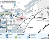 Mapa lotniska w Wiedniu z oznaczeniami parkingów, terminali i dróg. W weekend wiedeński parkowanie jest łatwe dzięki tej mapie.