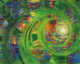 Abstrakte Kunst Epoche: Grüne Spiralen überlagern ein Mosaik aus Blau, Gelb und Rot. Ein Wirbel aus Farbe und Form.