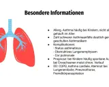 Lungenabbildung mit Informationen zu Asthma. Unterscheidung zwischen Asthma bronchiale und Asthma cardiale wird thematisiert.