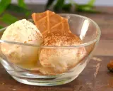 Dos bolas de helados caseros en un cuenco de cristal, espolvoreados con canela y acompañados de galletas.