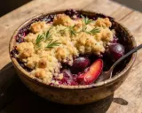 Ein gesunder Zwetschgen Crumble mit Rosmarin, serviert in einer rustikalen Schale auf Holz.