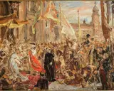 Obraz Matejki: tłum ludzi, postacie w strojach historycznych, flagi, budynek w tle.