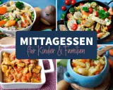 Vier leckere und gesunde Kindergerichte: Nudeln mit Hackfleisch, Gemüsepfanne, Hähnchen-Curry und Kartoffel-Gemüse-Eintopf.