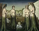 Four surreal figures, reminiscent of Paul Delvaux paintings, stand in a dreamlike landscape. Their lower bodies transform into tree trunks, their upper bodies bare.