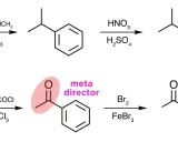 Benzolreaktionen: Isopropylbenzol wird zu para-Nitrierung. Acetophenon, ein meta-Direktor, wird zu meta-Bromacetophenon bromiert.