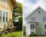 Gula och vita hus, redo att måla hus. Trädgårdsmöbler och tvättlinor vid det gula huset.