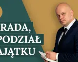 Mężczyzna w garniturze pisze w notatniku. Tekst na ekranie: "ZDRADA, A PODZIAŁ MAJĄTKU". Rozwód bez podziału majątku konsekwencje.
