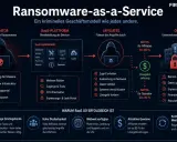 Ransomware-as-a-Service-Modell: Operator entwickelt Malware, Affiliates führen Angriffe aus, Opfer zahlen Lösegeld.