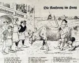 Karikatur: "Schlachthaus Young" zeigt Deutschland als Rind, das von Stresemann und anderen Nationen bedrängt wird. Ein junger Plan zur Konferenz in Den Haag.