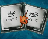 Deux processeurs Intel Core i5 et i7, symboles de la puissance d'un cpu ordi, s'affrontent sur fond bleu circuit imprimé.