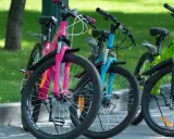 Rowerki w jaskrawych kolorach czekają na dzieci, które zdają egzamin na kartę rowerową.