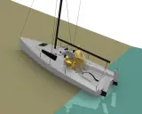 Un voilier blanc avec deux mannequins dorés, prêt pour une aventure seascape 24. L'eau turquoise reflète le ciel blanc.
