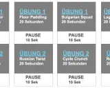 Tabata Workout Deutsch: Übungen wie Rocking Chair, Floor Paddling, Bulgarian Squad, Leg Lifts, Thumbs Up, Russian Twist, Cycle Crunch und Reverse Flys.