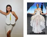 Zendaya stuns in a unique white gown with a floral accent, and another model showcases a dramatic, feathered wedding dress.