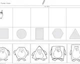 Arbeitsblatt: Formen lernen Kinder zum Ausdrücken. Finde die passenden Formen für die Pinguine. Quadrat, Kreis, Rechteck, Sechseck, Dreieck.