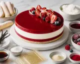 Gâteau glacé aux fruits rouges, avec des fraises, framboises et myrtilles. La décoration entremet fruit rouge est sublimée par un glaçage miroir éclatant.