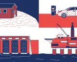 Norwegen: Ein Haus, ein E-Auto, ein Staudamm und eine Ölplattform – Symbole für Energie, von erneuerbaren Energien bis zur Förderung.