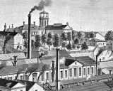 En illustration av en stad med många fabriker och skorstenar som ryker, en scen som speglar industrialiseringen i Sverige.