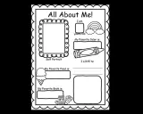 Scheda "All About Me" per la scuola primaria: spazio per autoritratto, età, colore preferito, cibo, libro e attività preferite.