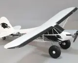 Modellflugzeug Piper PA-18 mit Adler-Design, bereit zum Abheben.