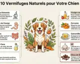 Un chien joyeux entouré d'ingrédients naturels pour lutter contre les vers. L'image liste 10 remèdes, comme les graines de courge, pour aider votre chien.