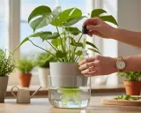 Une main ajoute une goutte d'engrais hydroponique maison à un pot de Monstera en train de pousser dans l'eau.
