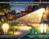 Jardin illuminé par des lanternes LED modernes, contrastant avec une ampoule halogène énergivore. Économie et performance.