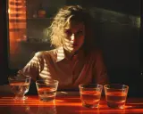 Kobieta z kręconymi włosami siedzi przy stole z czterema szklankami wody. Cienie padają na jej twarz, sugerując, że jest cichym alkoholikiem.