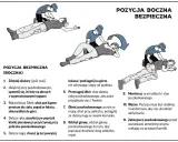Ilustracja pokazuje, jak wygląda omdlenie i jak ułożyć osobę w pozycji bocznej bezpiecznej, by zapewnić drożność dróg oddechowych.