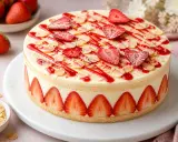 Gâteau génoise aux fraises facile, décoré de fraises fraîches, coulis rouge et amandes effilées. Un délice printanier !