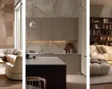 Tre bilder visar japandi inredning: ett vardagsrum med geometrisk trävägg, ett kök med naturinspirerad tapet och ett vardagsrum med bokhylla och mjuk soffa.