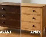 Commode en bois sombre avant restauration, puis après, révélant un style de meuble plus clair et naturel.