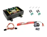 Jeti Central Box 220 mit Zubehör: Servoschnittstelle, Magnetic Key, Kabel und Schrauben.