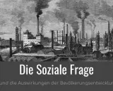 Dampfende Fabrikschlote über einer Stadt, die die soziale Frage und die Auswirkungen der Bevölkerungsentwicklung symbolisiert.